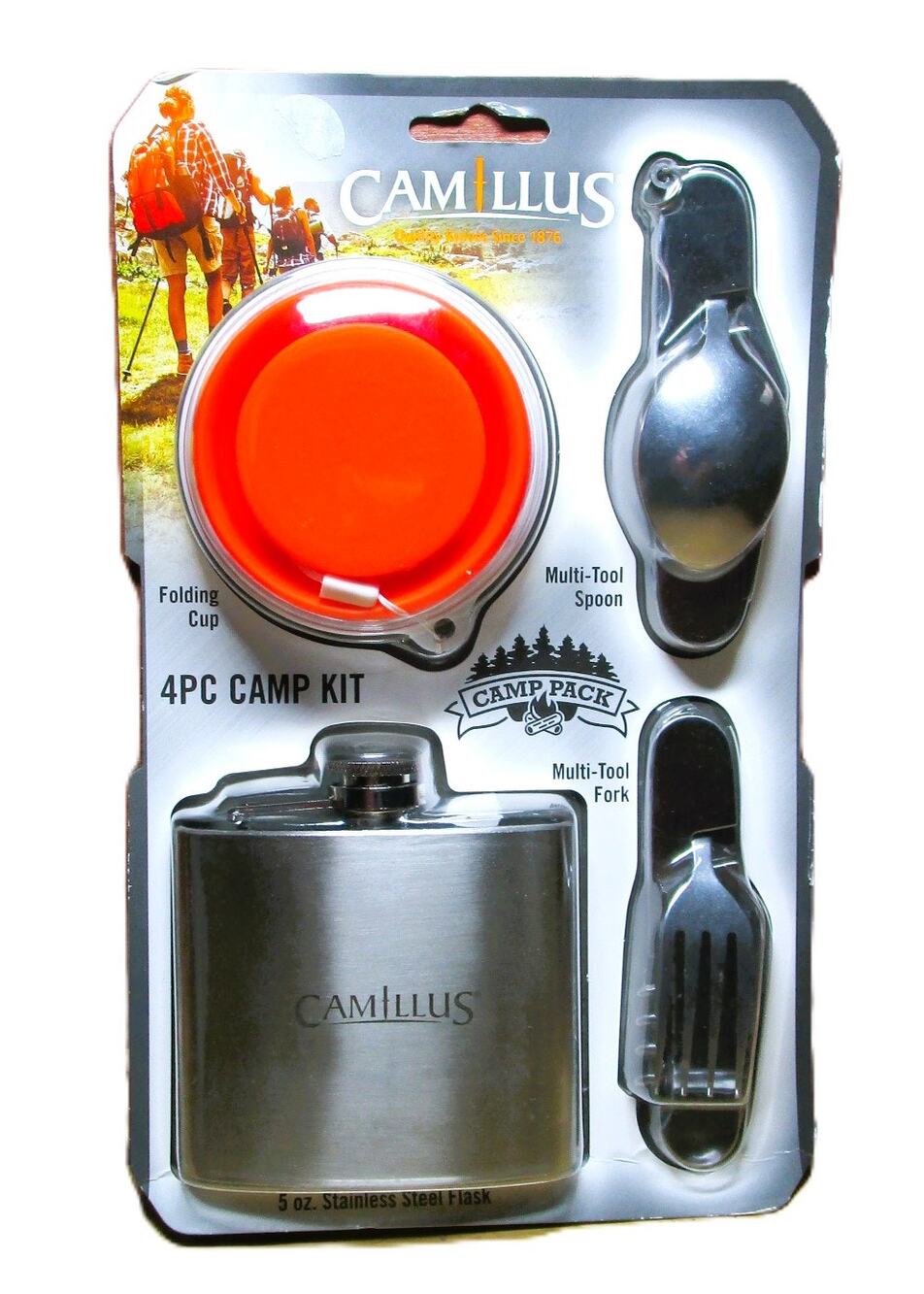 Camillus 4‑Piece Camping Kit Folding Cup, Stainless Flask & Multi‑Tool Utensils